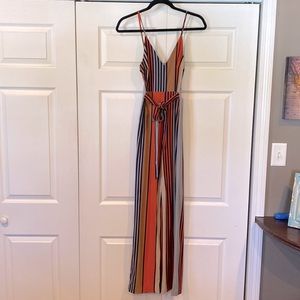 V-neck spaghetti strap orange and blue striped belted jumpsuit, size S